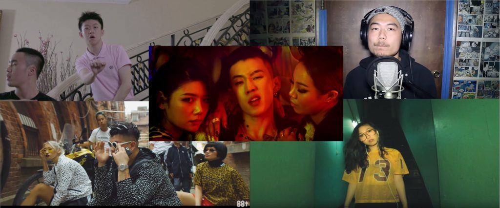 Asian rappers (counterclockwise from top left): Rich Chigga, Dumbfoundead, Awkwafina, Higher Brothers, and Jay Park (center)